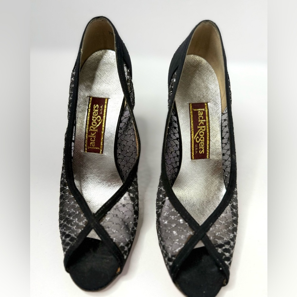 Vintage Jack Rogers Black and Silver Lace Peep Toe  Heels Size 7.5